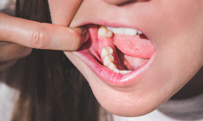 Child displaying loose baby tooth with finger during dental visit preparation.